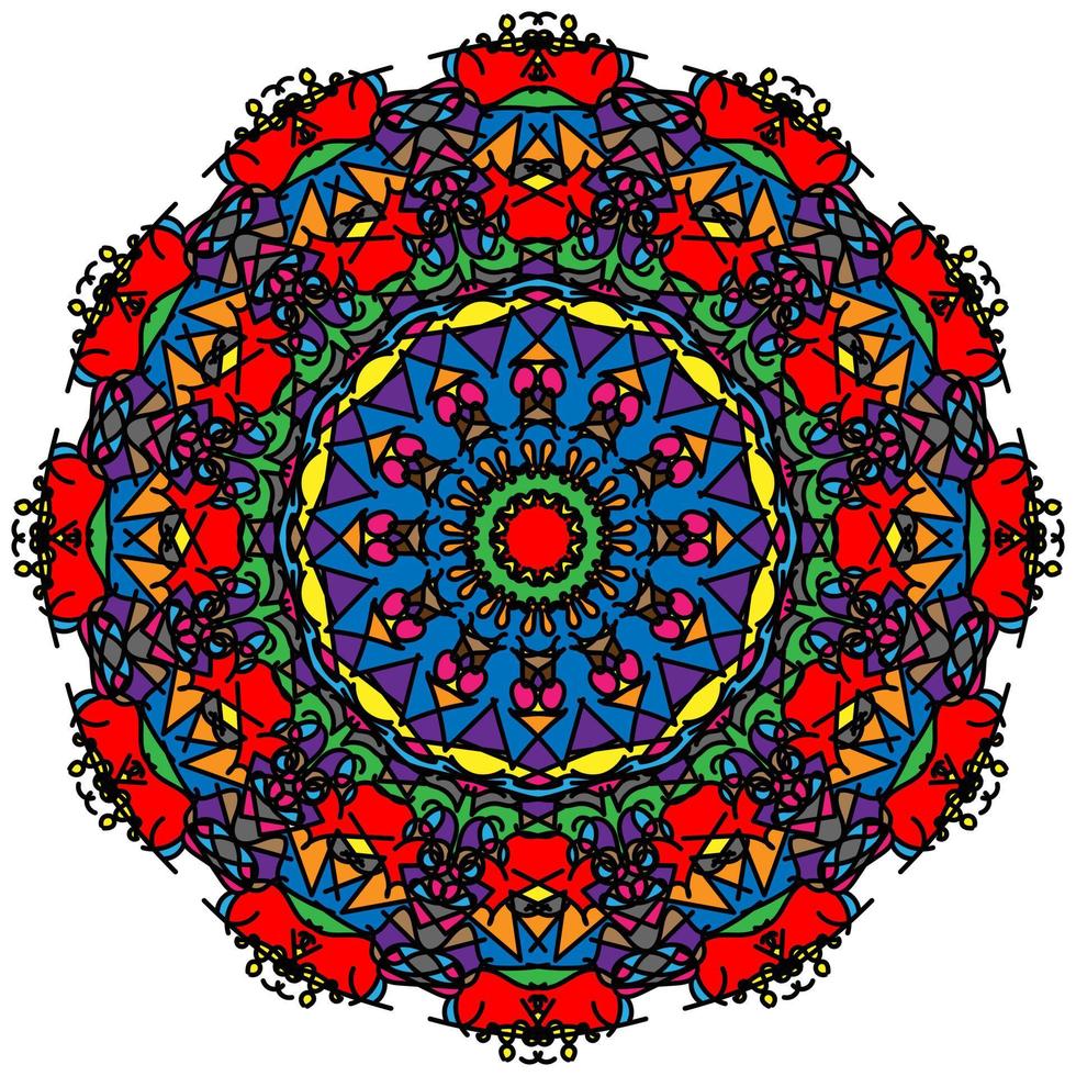 mandala di doodle disegnato a mano di vettore con i cuori. mandala etnico con ornamento colorato. colori luminosi. isolato. illustrazione su stile doodle.