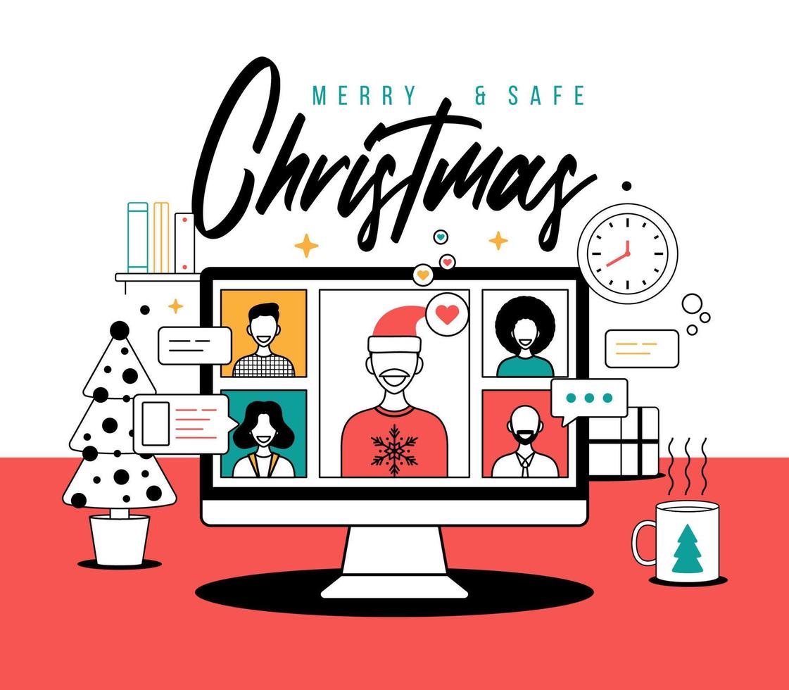 Natale in linea saluto nel schema stile. persone incontro in linea insieme con famiglia o amici video chiamata su computer virtuale discussione. gruppo di persone incontro attraverso video conferenza su natale vettore