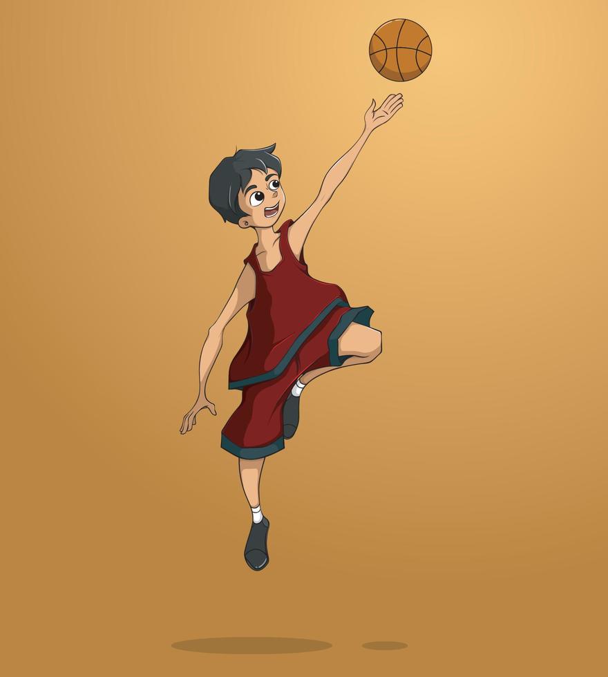 ragazzo personaggio giocando pallacanestro, cartone animato illustrazione vettore