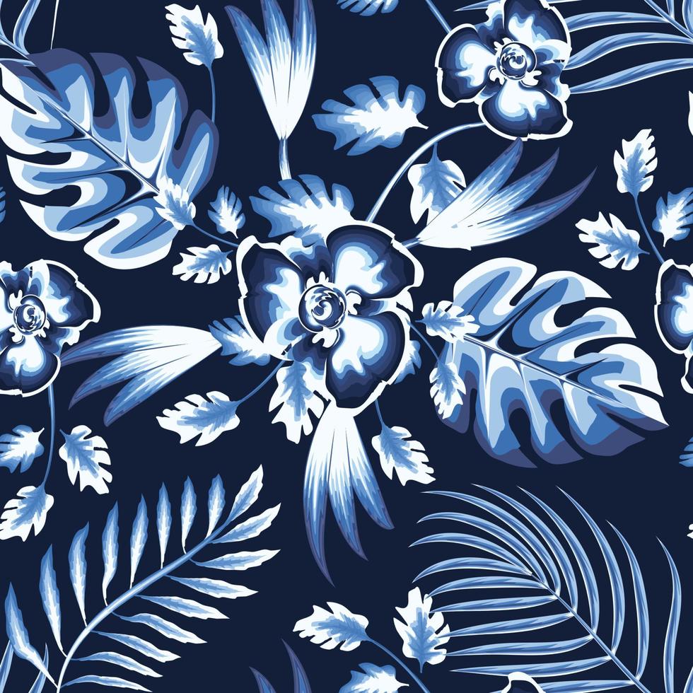notte estate tropicale palma foglia senza soluzione di continuità modello con Monstera felce le foglie e pianta fogliame nel blu monocromatico colore su buio sfondo. leggero fiori disegno. alla moda struttura. giungla Stampa vettore