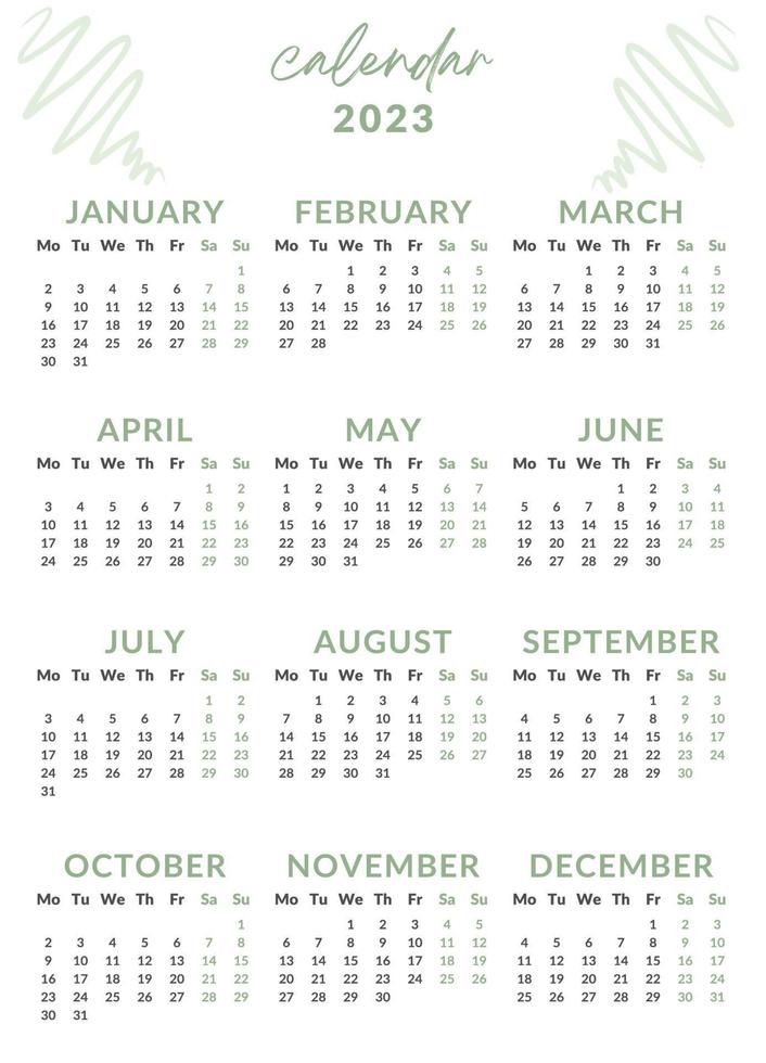 2023 calendario anno illustrazione. il settimana inizia su lunedì. annuale calendario modello 2023. calendario design nel verde e nero colori, vacanze nel verde colori. vettore