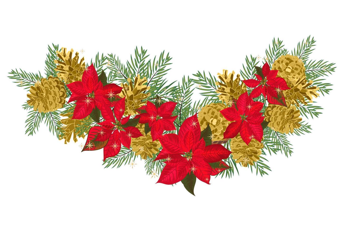 Vintage ▾ Natale ghirlanda con d'oro pino coni e rosso poinsettia isolato su bianca sfondo vettore