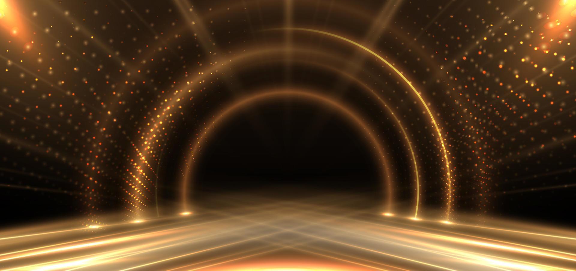 elegante d'oro palcoscenico cerchio raggiante con illuminazione effetto scintillare su nero sfondo. modello premio premio design. vettore