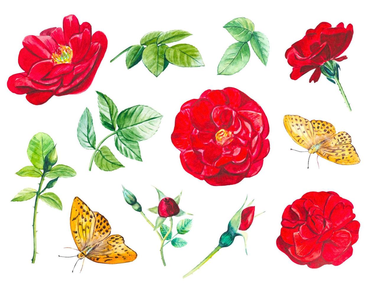 collezione di rosso rosa mini cuffie e le foglie. mano disegnato watercolo vettore