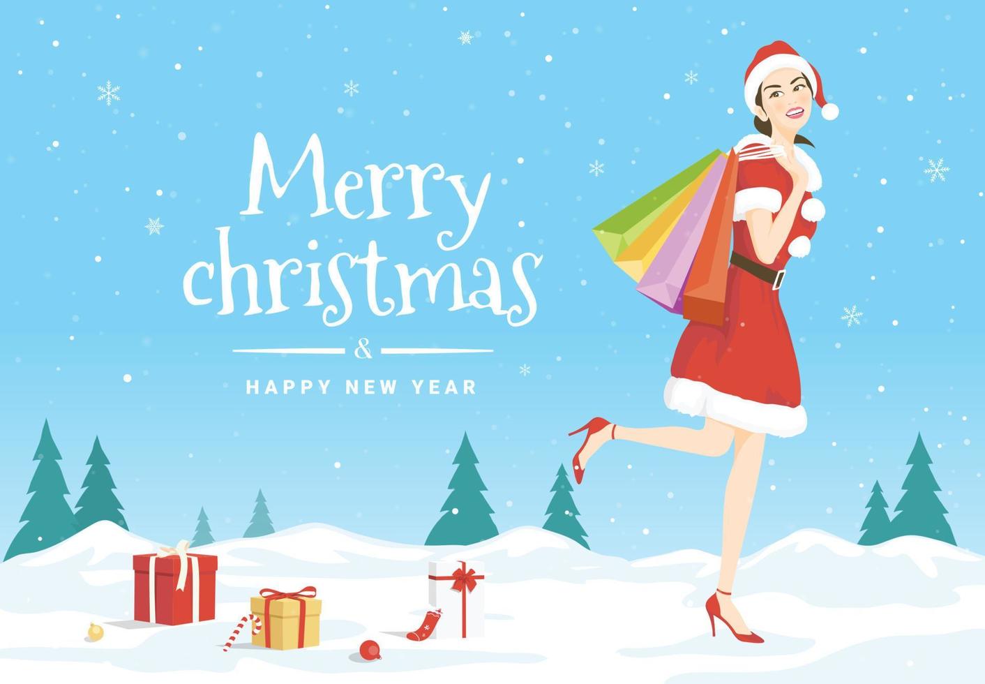 vettore illustrazione con un' bellissimo donna nel Santa Claus costume Tenere shopping borse su ghiaccio neve e molti regalo scatole di il allegro Natale e contento nuovo anno