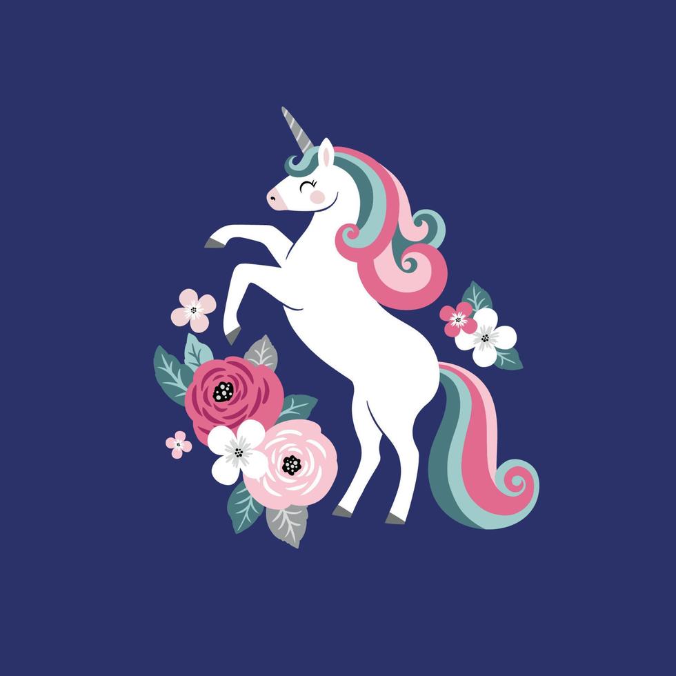 carino unicorno con Vintage ▾ fiori su buio blu sfondo. Perfetto per tee camicia logo, saluto carta, manifesto, invito o Stampa asilo design. vettore