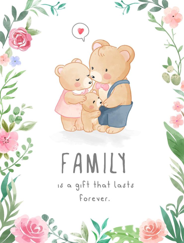carino orso bello famiglia carta nel colorato fiori telaio illustrazione vettore
