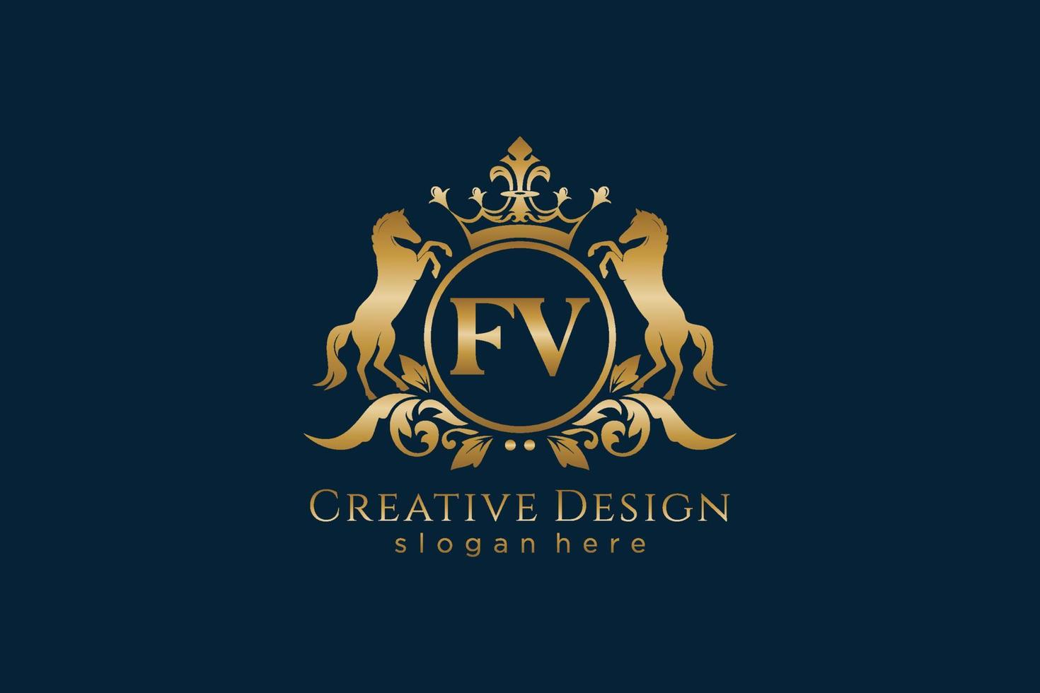 iniziale fv retrò d'oro cresta con cerchio e Due cavalli, distintivo modello con pergamene e reale corona - Perfetto per lussuoso il branding progetti vettore