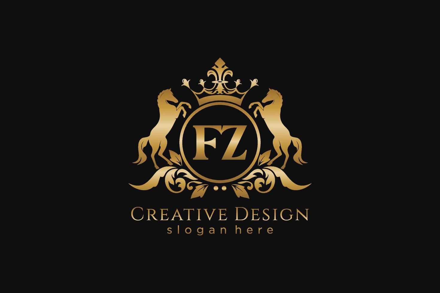 iniziale fz retrò d'oro cresta con cerchio e Due cavalli, distintivo modello con pergamene e reale corona - Perfetto per lussuoso il branding progetti vettore