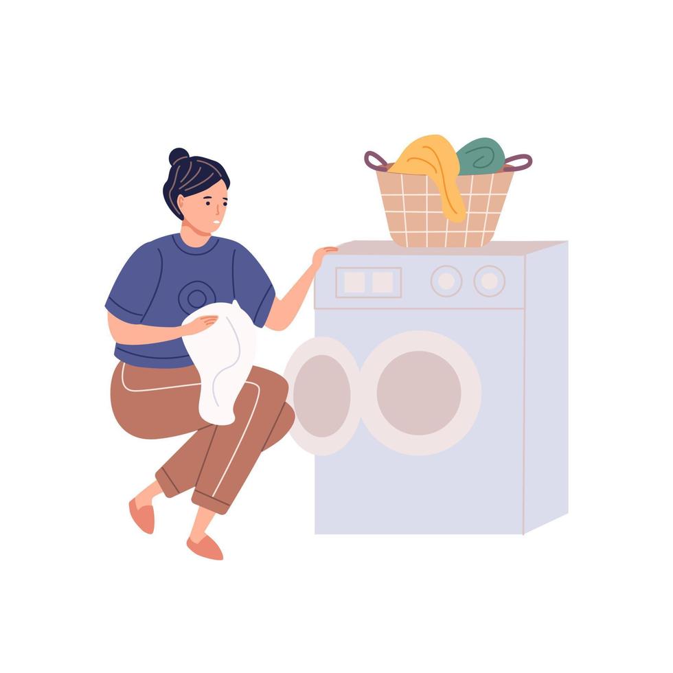 donna fare lavanderia mettendo sporco Abiti su lavaggio vettore