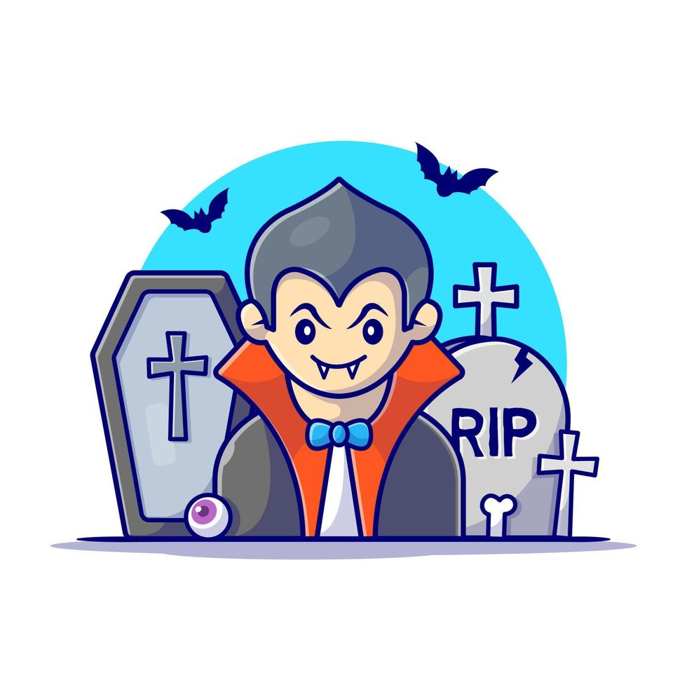 carino dracula con cimitero Halloween cartone animato vettore icona illustrazione. persone vacanza icona concetto isolato premio vettore. piatto cartone animato stile