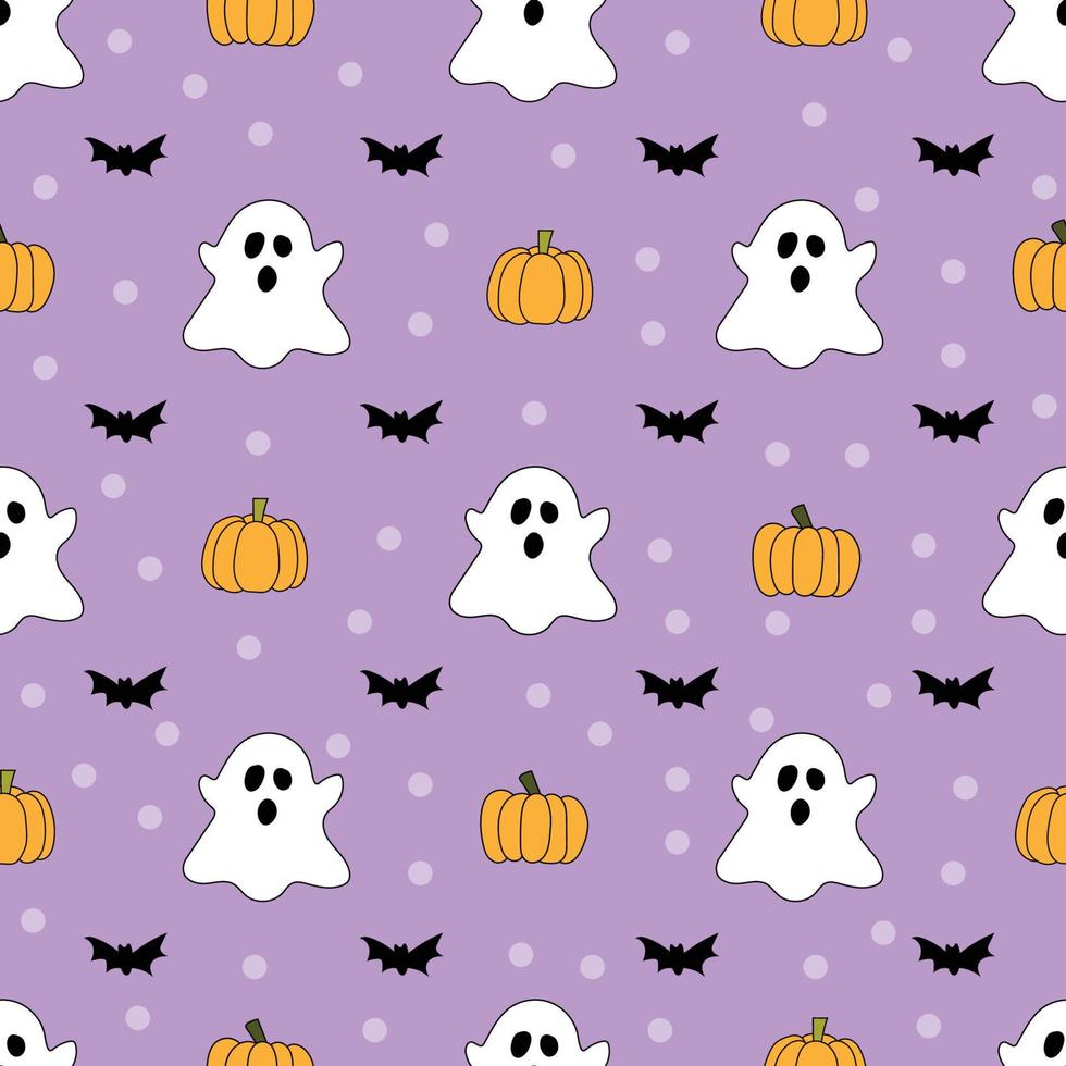 Halloween senza soluzione di continuità modello con zucca, fantasma e pipistrello nel viola sfondo. Halloween saluto carte. vacanza stagione sfondo, regalo carta, modello riempie, ragnatela pagina sfondo. vettore