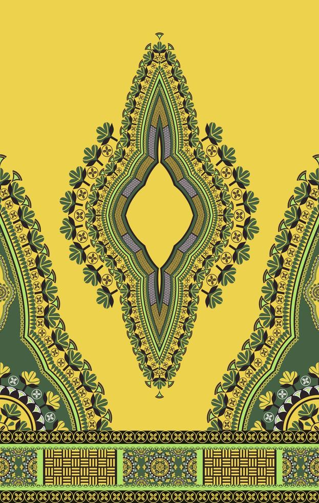 etnico ovest africano dashiki vestito colorato verde floreale modello su giallo sfondo. tribale arte camicie moda. collo ricamo ornamenti. vettore