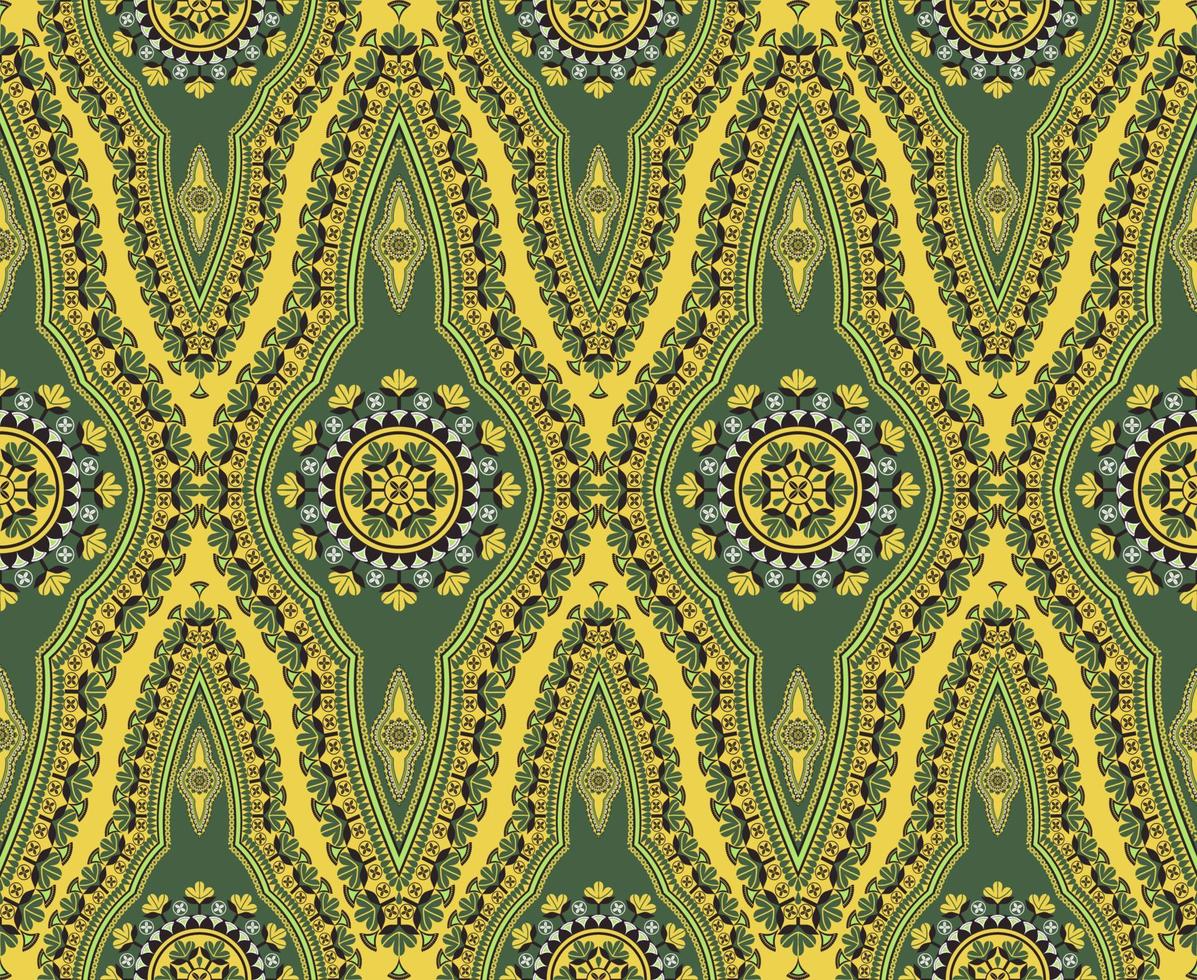 etnico ovest africano dashiki colorato verde astratto floreale forma senza soluzione di continuità modello su giallo sfondo. uso per tessuto, tessile, interno decorazione elementi, tappezzeria, avvolgere. vettore