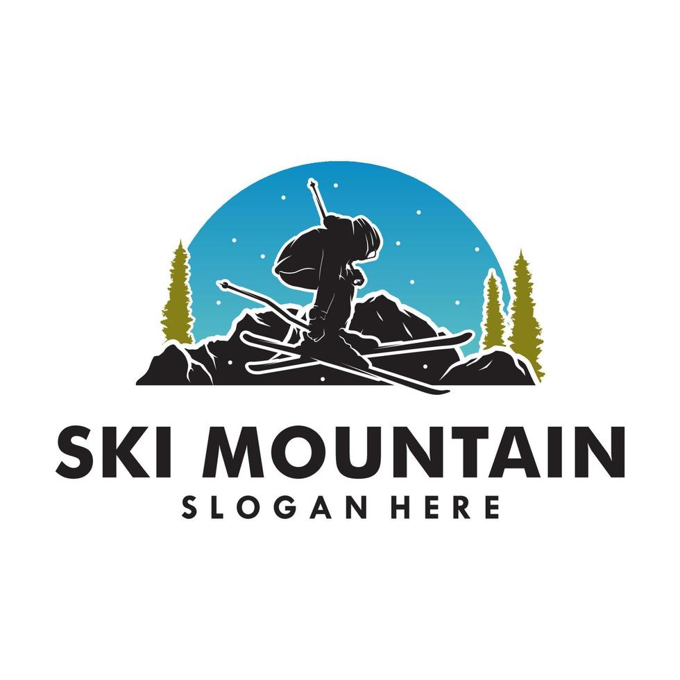un' uomo giocando sciare nel il montagna logo design vettore