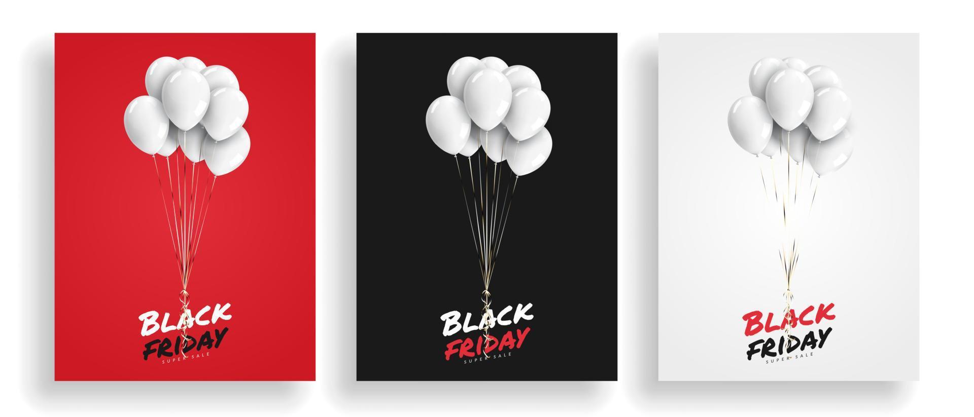 impostato di nero Venerdì super vendita sfondo, palloncini con oro nastro. design per manifesto bandiera carta, realistico vettore illustrazione