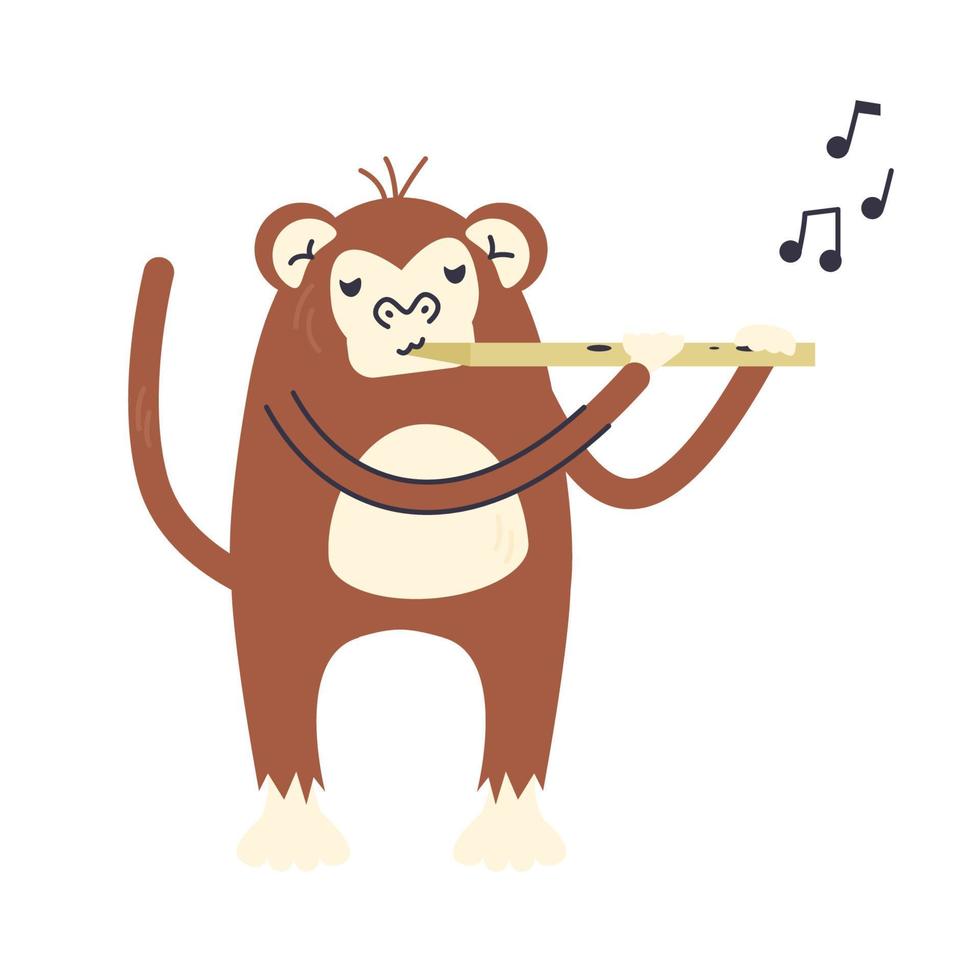 carino poco scimmia giocando musica. asilo animale con musicale strumento. infantile personaggio Stampa concetto design. divertente creativo scimpanzé bambino animale. mano disegnato piatto vettore illustrazione isolato su bianca