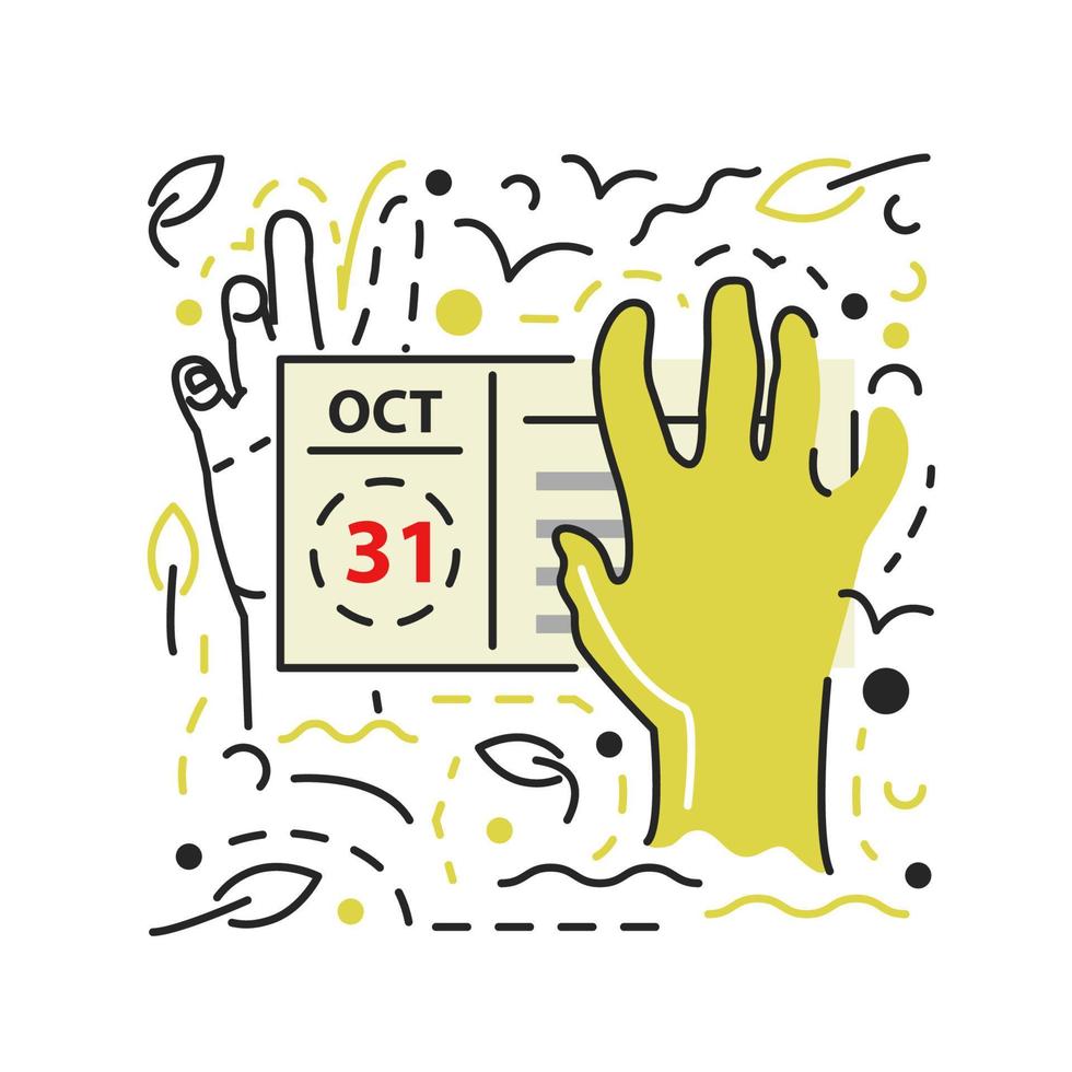 verde zombie mano con calendario e le foglie. Halloween vacanza braccia apparendo a partire dal tomba terra a cimitero. mani attaccare su di grave. strutturato disegnato a mano piatto vettore illustrazione isolato su bianca