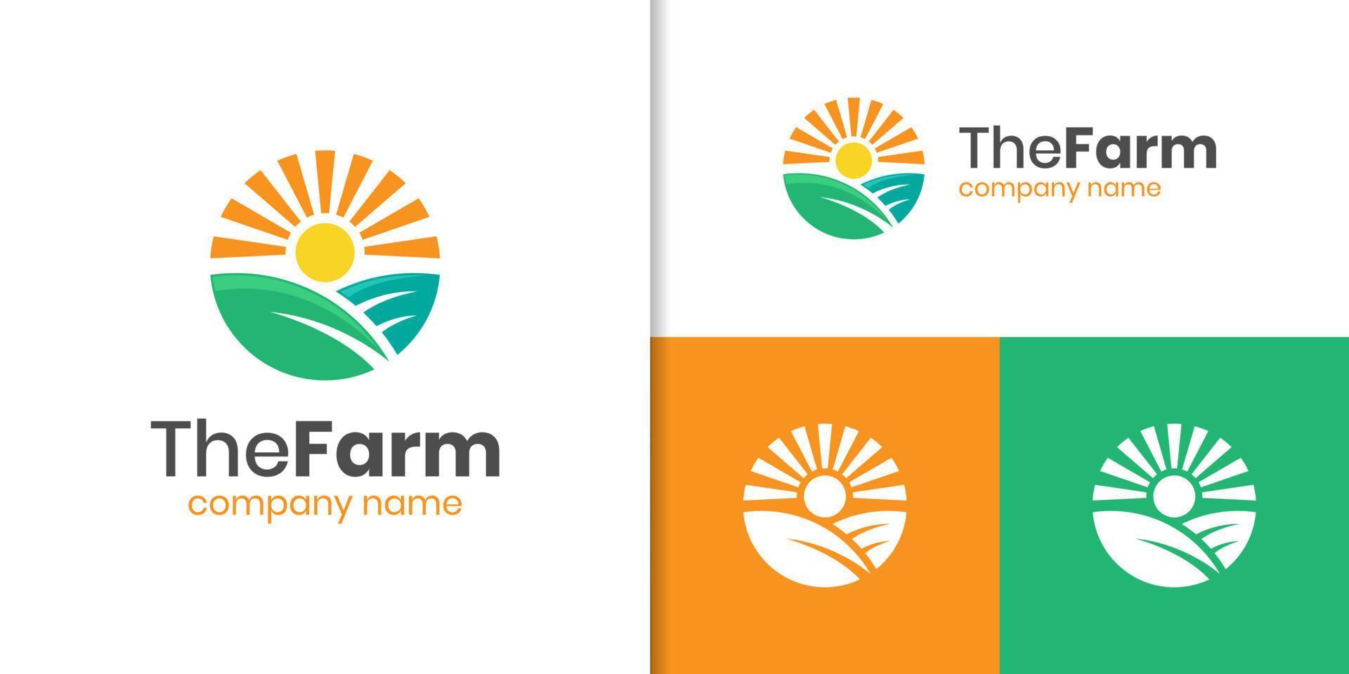 agricoltura contadino giardino natura con sole e foglia logo design vettore modello