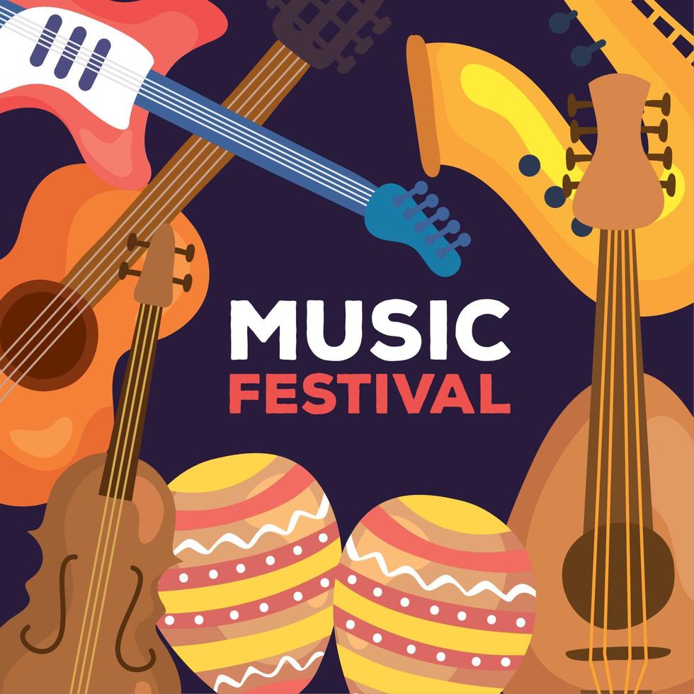 musica Festival lettering con strumenti telaio vettore