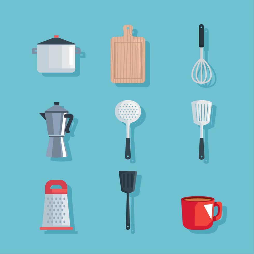 nove cucina utensili icone vettore