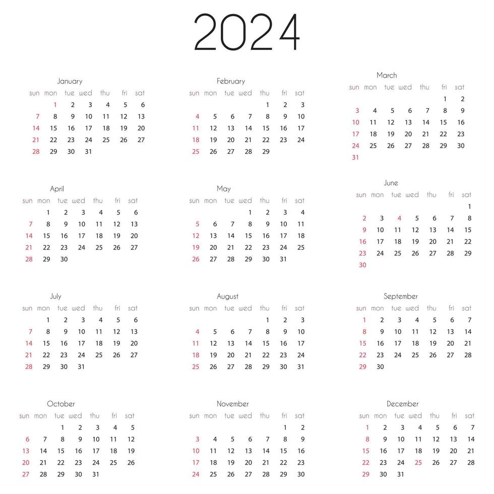2024 calendario anno modello. vettore illustrazione di annuale calendario 2024, 12 mese griglia, settimana inizia su domenica.
