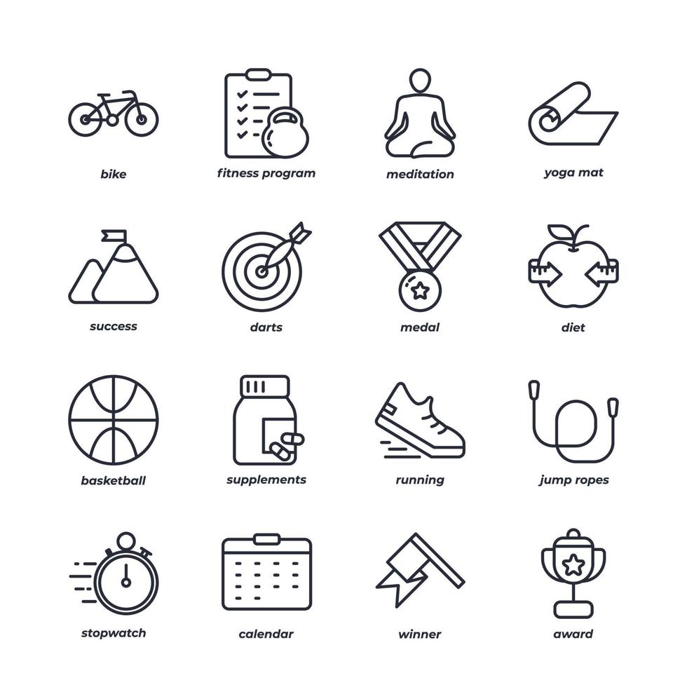 idoneità linea icone impostare, schema vettore simbolo collezione, lineare stile pittogramma pacchetto. segni, logo illustrazione.