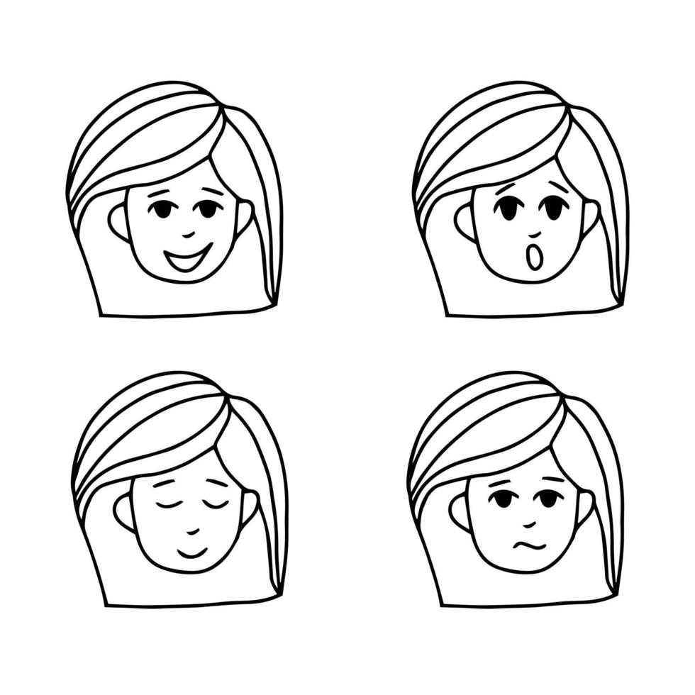 ragazza viso con diverso emozioni - impostato di elementi mano disegnato nel scarabocchio stile. Sorridi, la gioia, malcontento, tristezza. carino avatar, etichetta, icona. vettore, minimalismo, monocromatico scandinavo vettore