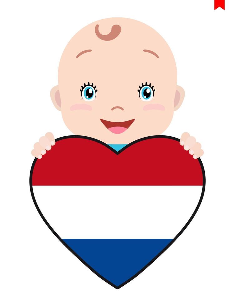sorridente viso di un' bambino, un' bambino e un' Olanda bandiera nel il forma di un' cuore. simbolo di patriottismo, indipendenza, viaggiare, emblema di amore. vettore