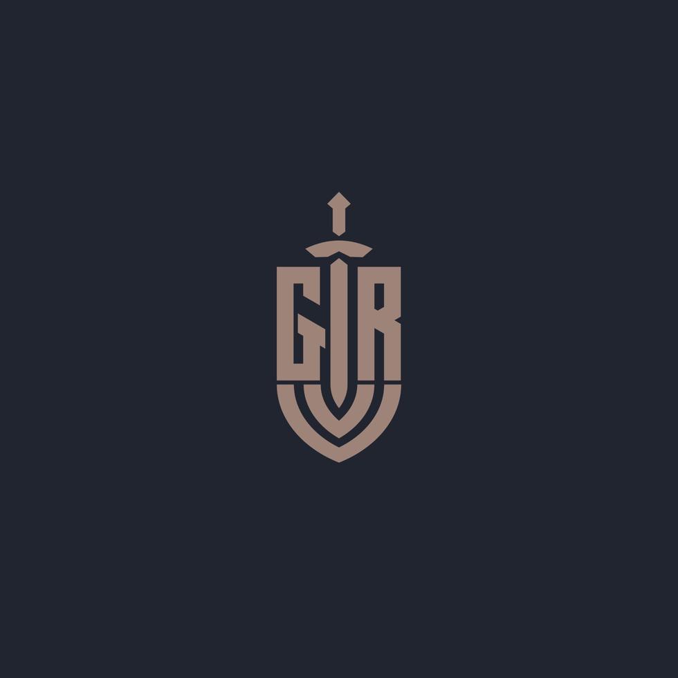 gr logo monogramma con spada e scudo stile design modello vettore