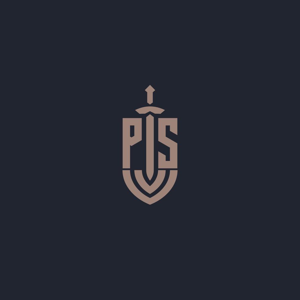 ps logo monogramma con spada e scudo stile design modello vettore