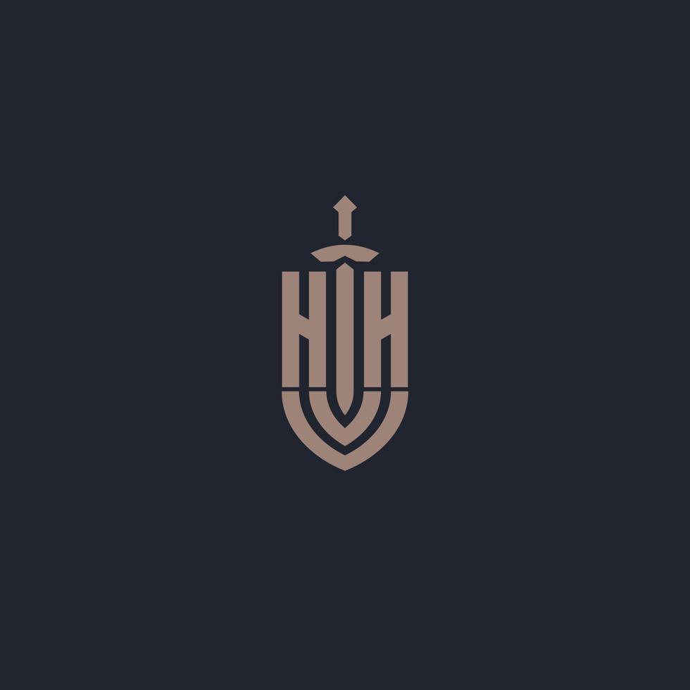hh logo monogramma con spada e scudo stile design modello vettore