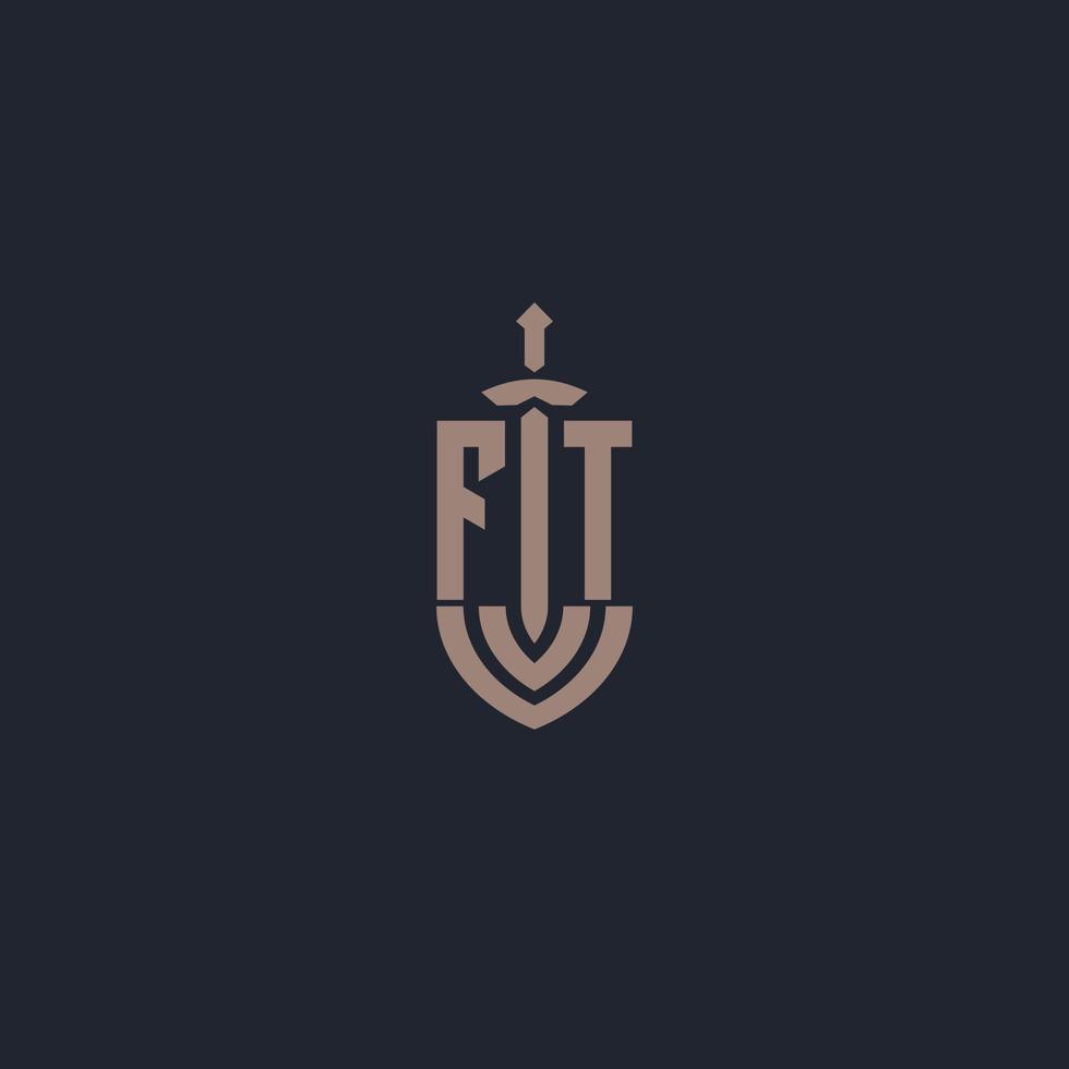 ft logo monogramma con spada e scudo stile design modello vettore