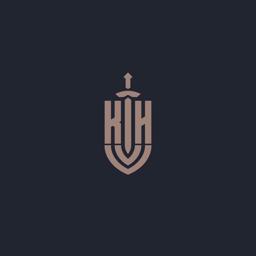 kh logo monogramma con spada e scudo stile design modello vettore