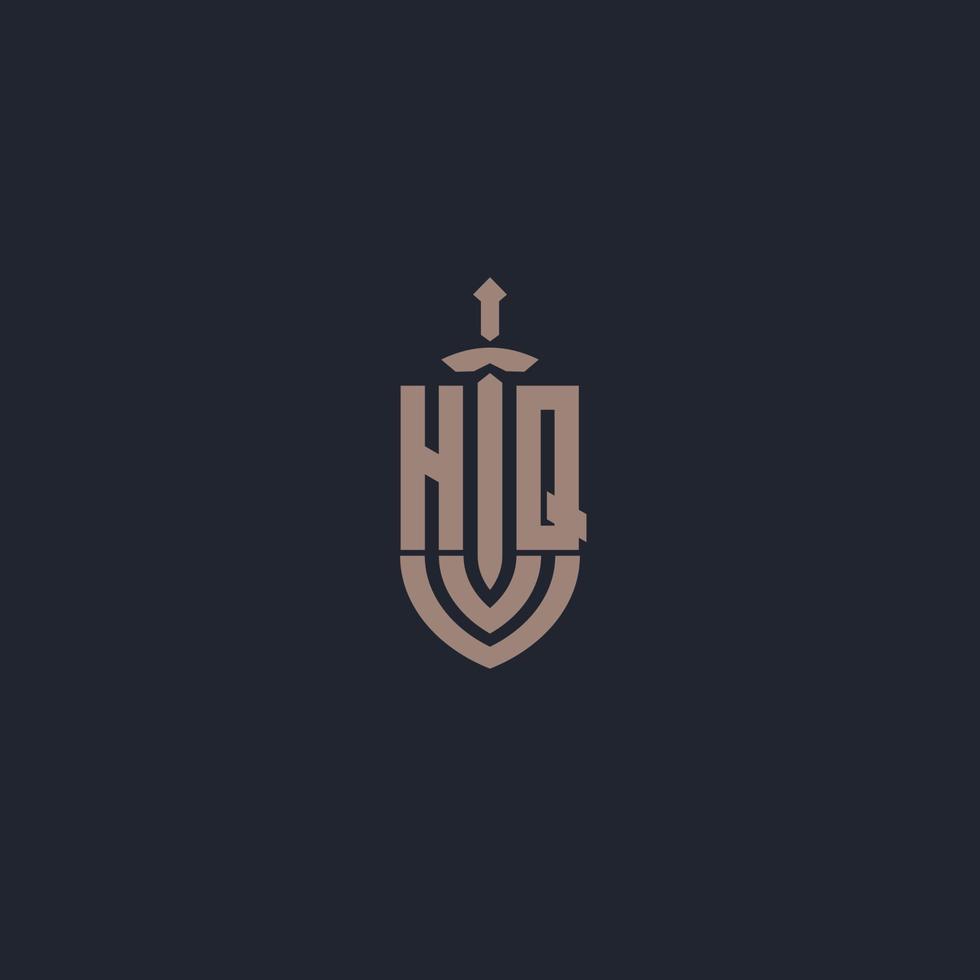 hq logo monogramma con spada e scudo stile design modello vettore