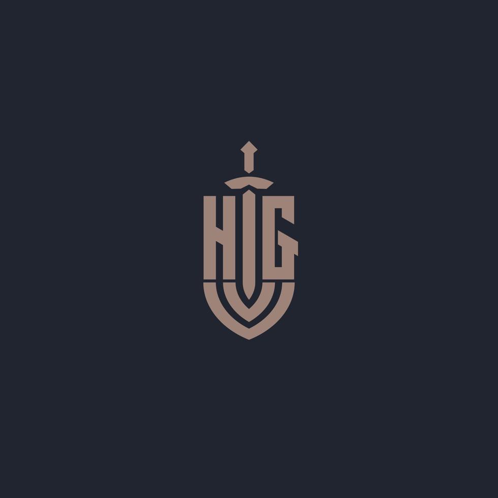 hg logo monogramma con spada e scudo stile design modello vettore