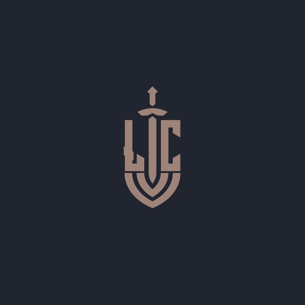 lc logo monogramma con spada e scudo stile design modello vettore