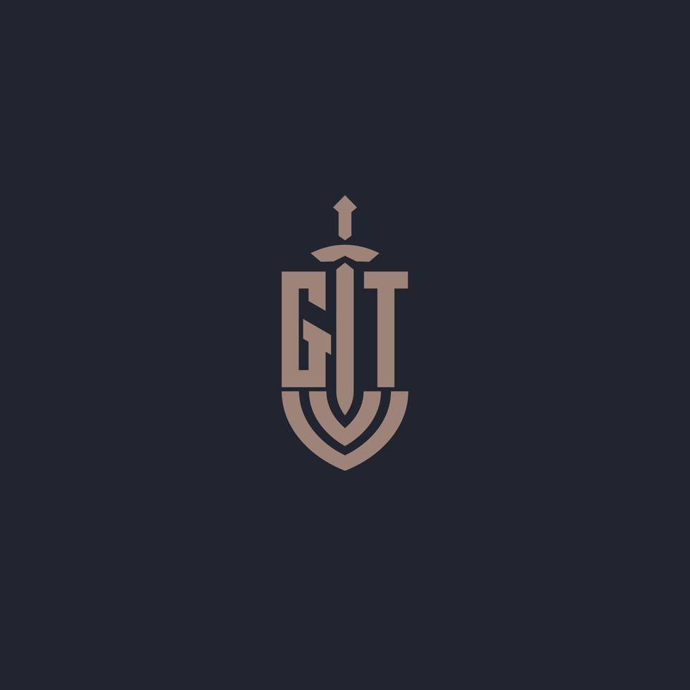 gt logo monogramma con spada e scudo stile design modello vettore