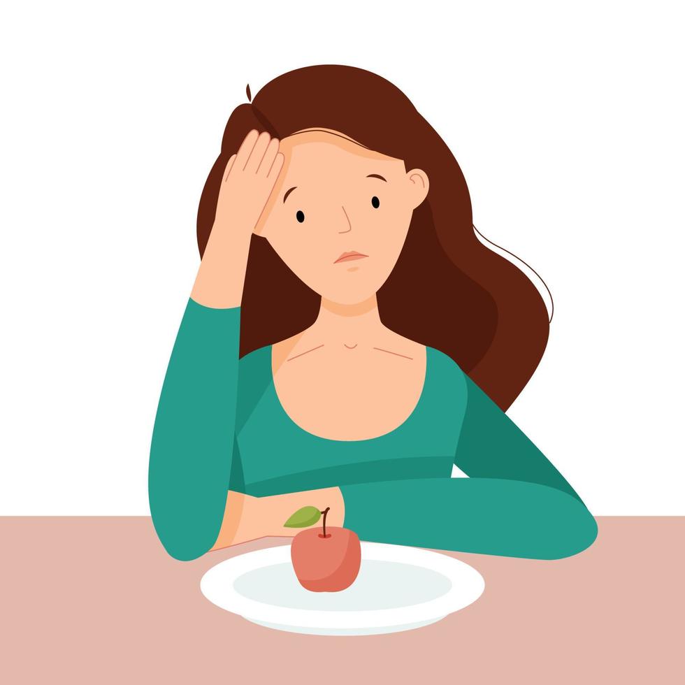 anoressia. una giovane donna triste è seduta con un piatto vuoto con una mela. la ragazza è malata di cibo. rischio dieta. illustratore piatto vettoriale. vettore