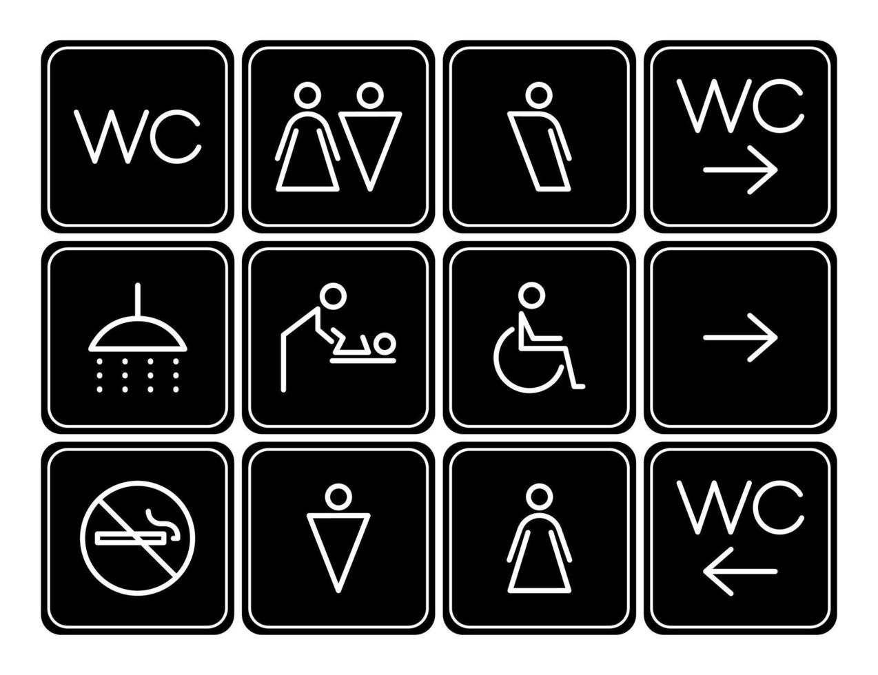 wayfinding bagno. gabinetto delineato lineare icona impostare. bagno per uomini, donne, Disabilitato, transgender, bambino camera, bagno, no fumare. vettore illustrazione.