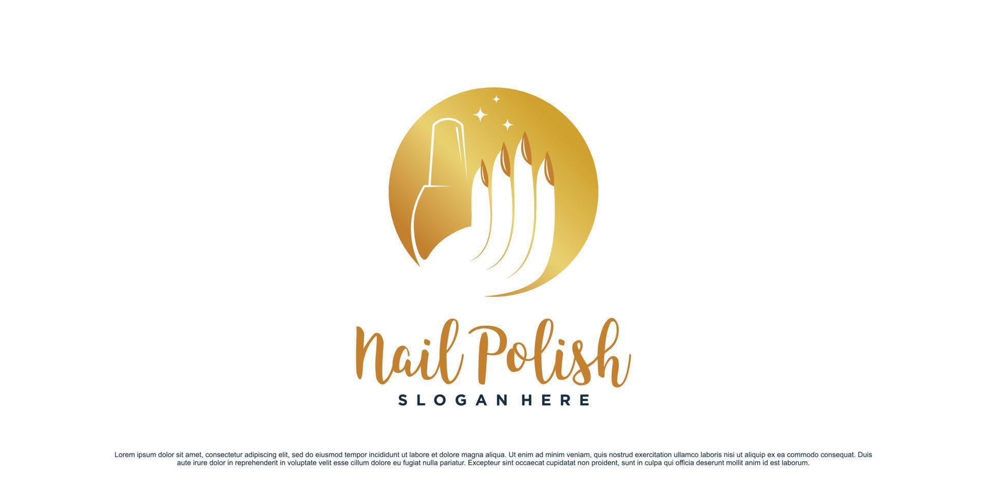 creativo chiodo polacco logo design per manicure salone con donna mano e bottiglia icona premio vettore