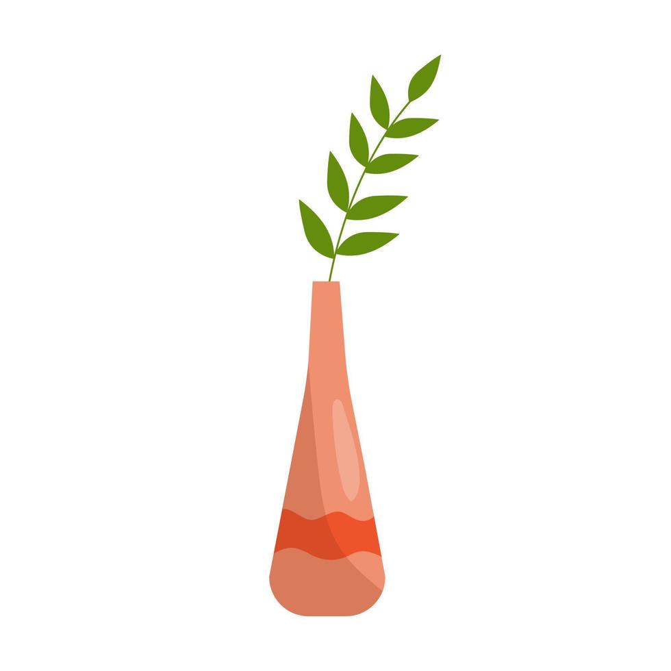 un' color corallo vaso con un' verde ramo nel un' semplice piatto stile. vettore