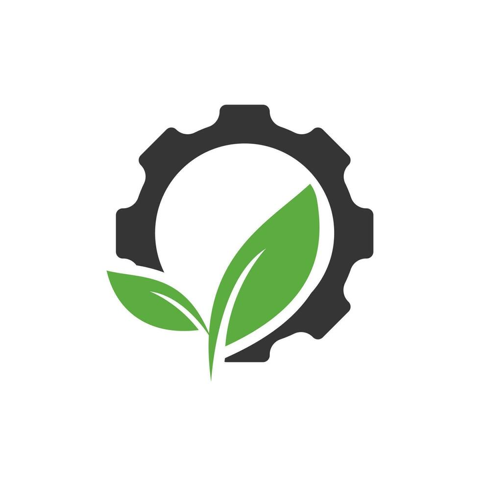 Ingranaggio foglia vettore logo design. astratto concetto per ecologia tema, verde eco energia, tecnologia e industria.