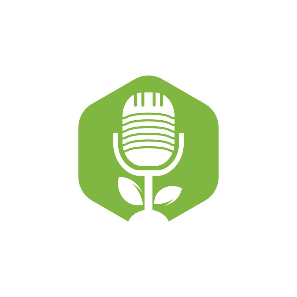 podcast foglia natura ecologia vettore logo design. logo del talk show podcast con microfono e foglie.