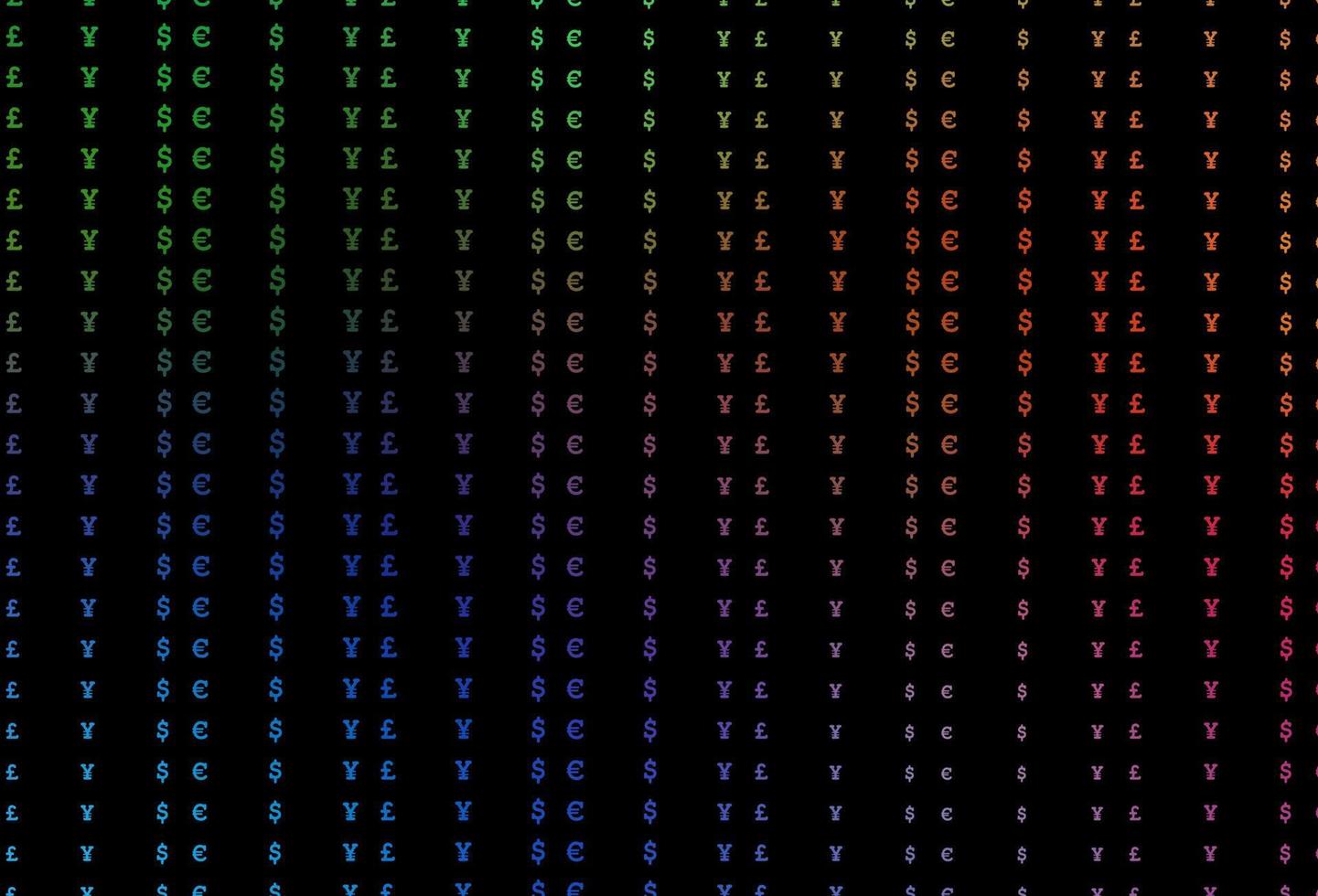 modello vettoriale arcobaleno multicolore scuro con eur, usd, gbp, jpy.