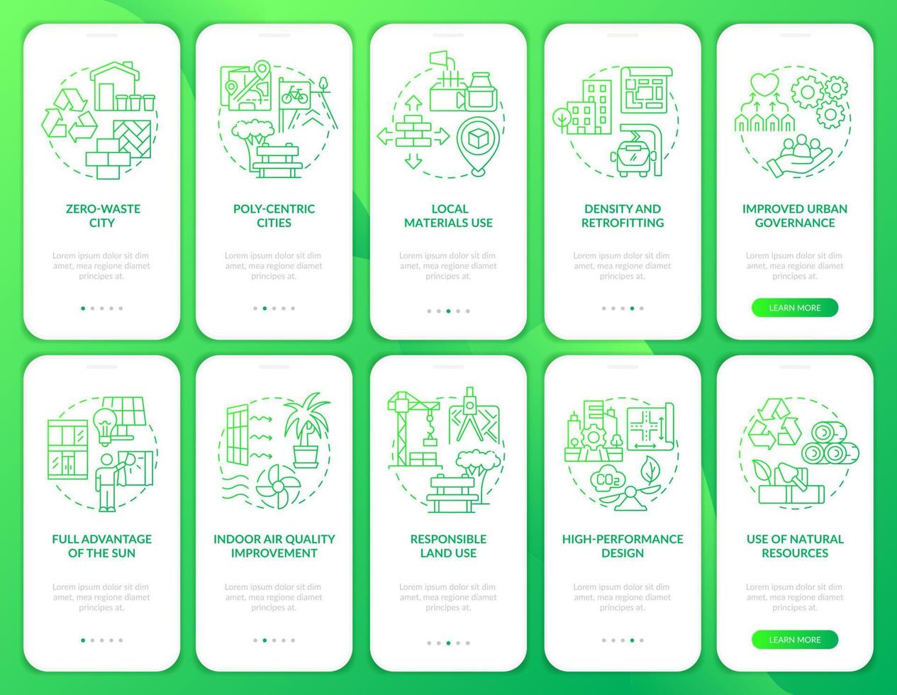 sostenibile urbanizzazione verde pendenza onboarding mobile App schermo impostare. Procedura dettagliata 5 passaggi grafico Istruzioni pagine con lineare concetti. ui, ux, gui modello. vettore