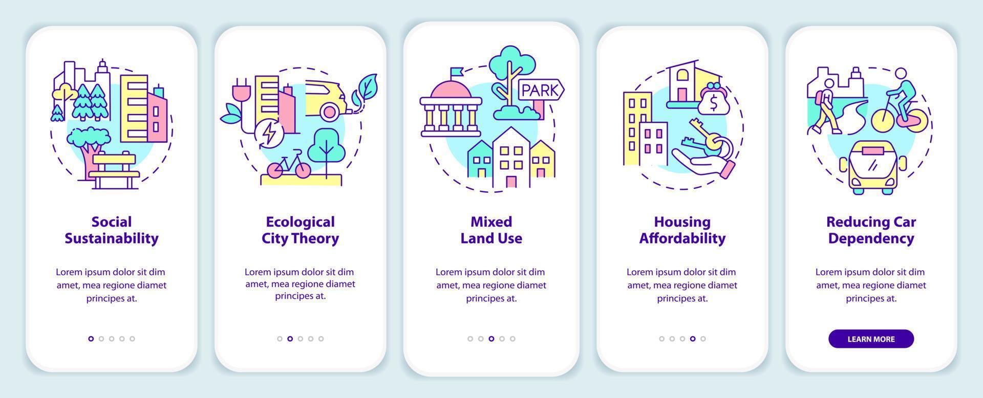 urbano pianificazione nel verde urbanistica onboarding mobile App schermo. Procedura dettagliata 5 passaggi grafico Istruzioni pagine con lineare concetti. ui, ux, gui modello. vettore