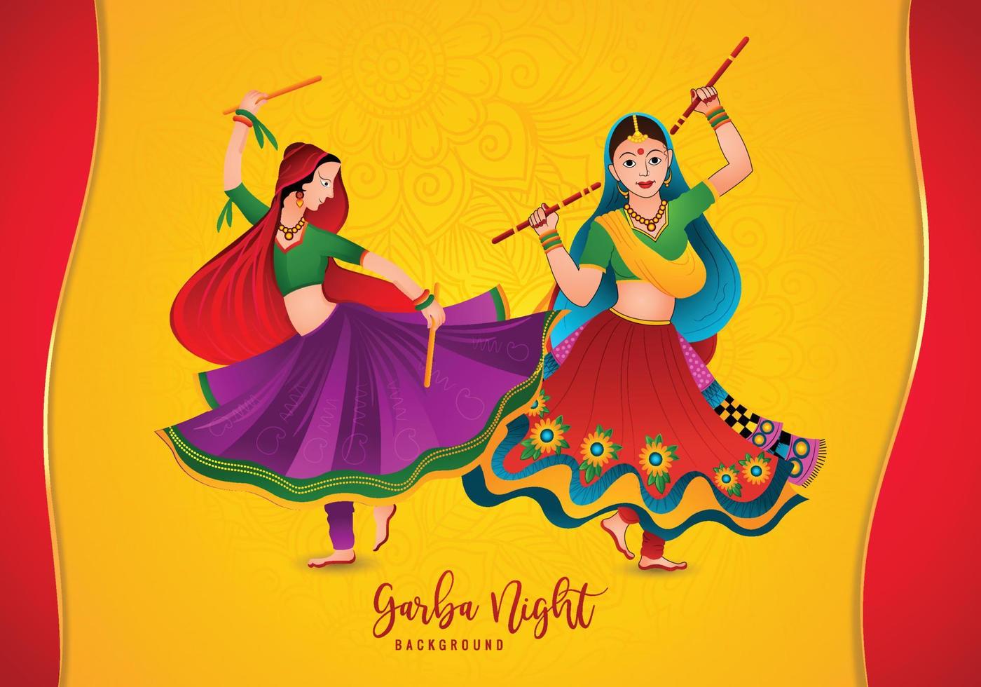 garba notte womans giocando garba e dandiya celebrazione carta design vettore