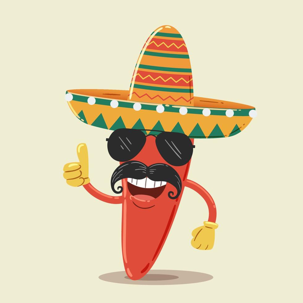 messicano chili Pepe personaggio con occhiali da sole e sombrero vettore