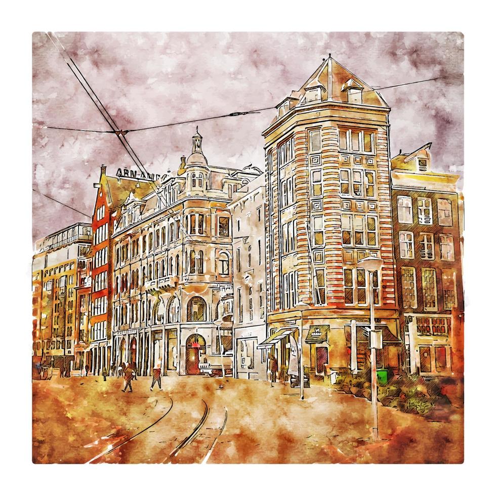 illustrazione disegnata a mano di schizzo dell'acquerello di amsterdam paesi bassi vettore